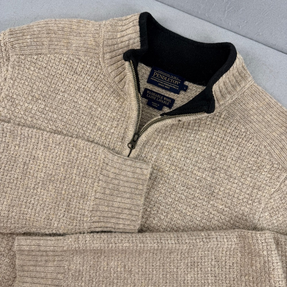 Pendleton Men's Large‎ Shetland Wool 1/4 Zip Sweater Tan Washable Pullover